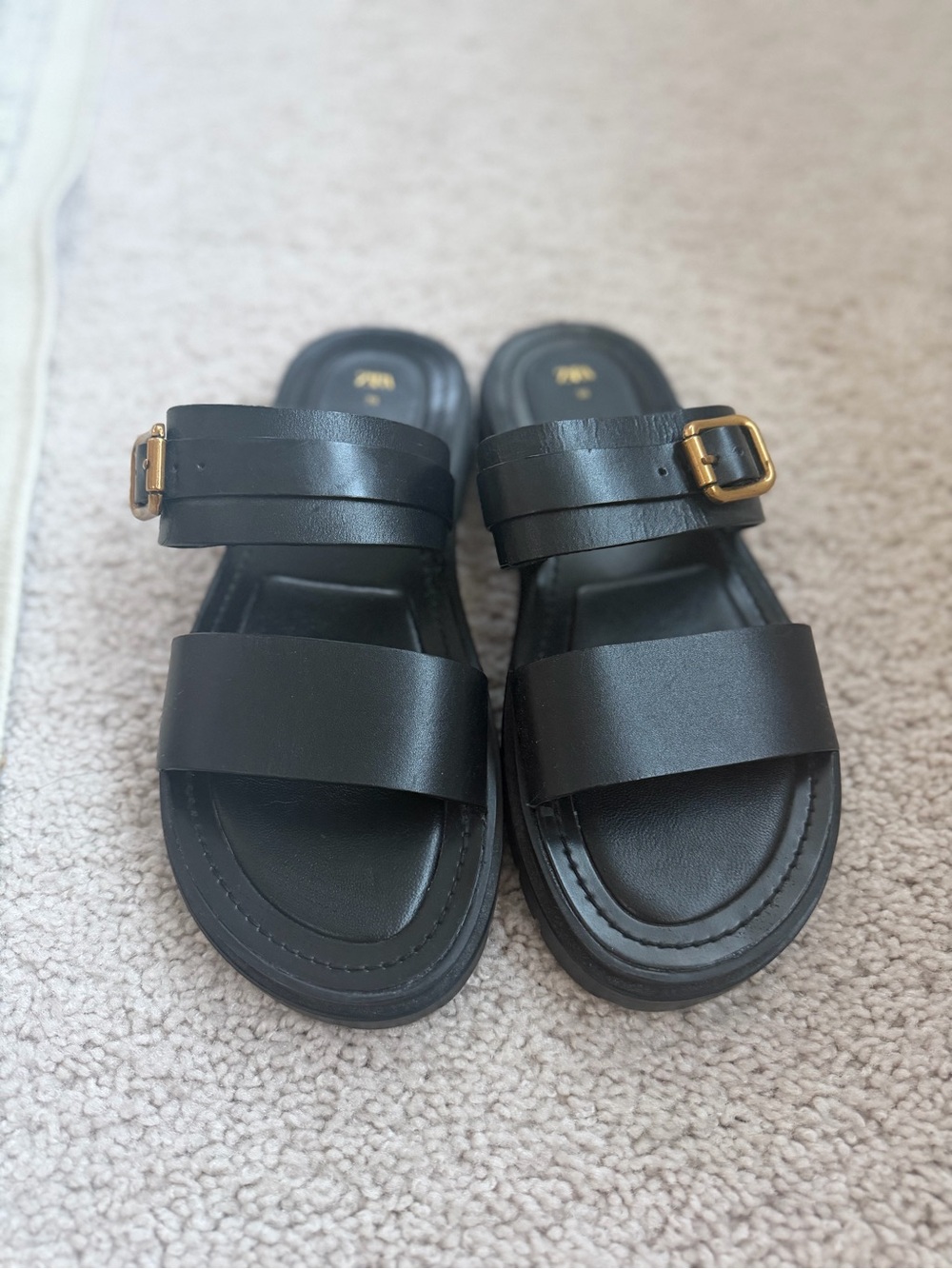 Zara Black Double Strap Slide Sandals Size 38